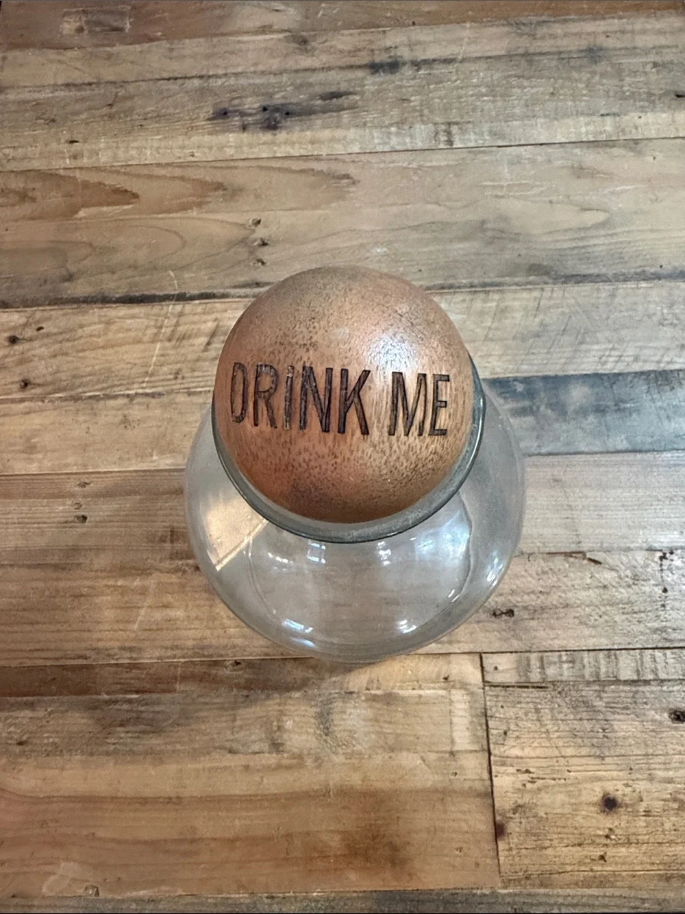 West Elm Glass Beverage Decanter with Wood ball Lid - 'Drink Me'